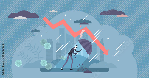Recession financial storm concept, tiny business person vector illustration