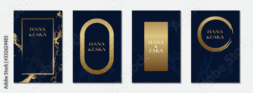Dark blue wedding invitation cards marble texture and gold frame