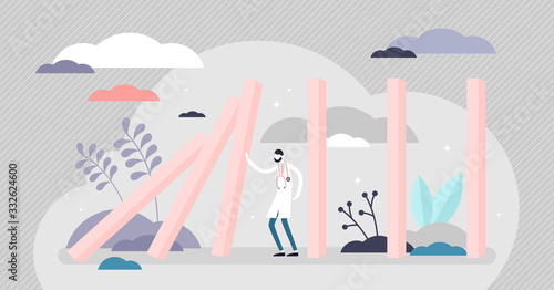 Pandemic crisis domino effect chain reaction concept, flat tiny person vector illustration