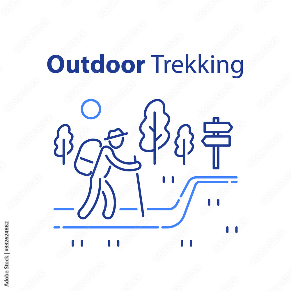 Fototapeta premium Outdoor trekking concept, nature hiking, natural tourism, ecological path, trail walking, summer camping