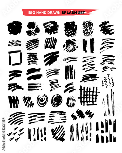Hand drawn doodle set of brush art splash. Black hand drawn template design elements. Splash hand drawn doodle set. 