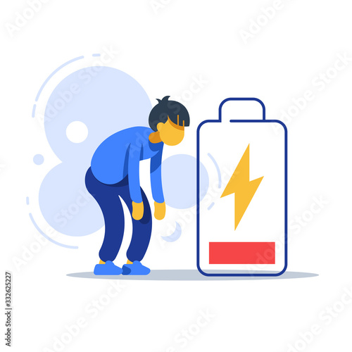 Chronic tired man, exhausted person, male character feeling weak, low energy state, physical or emotional burnout, mental fatigue