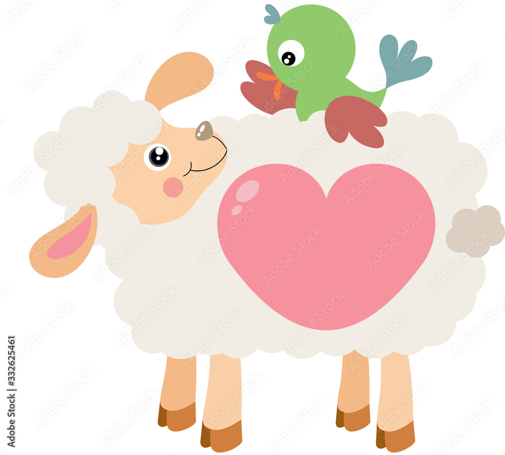 Cute love lamb with little bird Cute love lamb with little bird