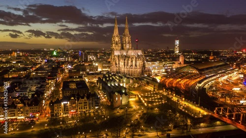 Timelapse of Cologne city cathedral at night, Germany photo