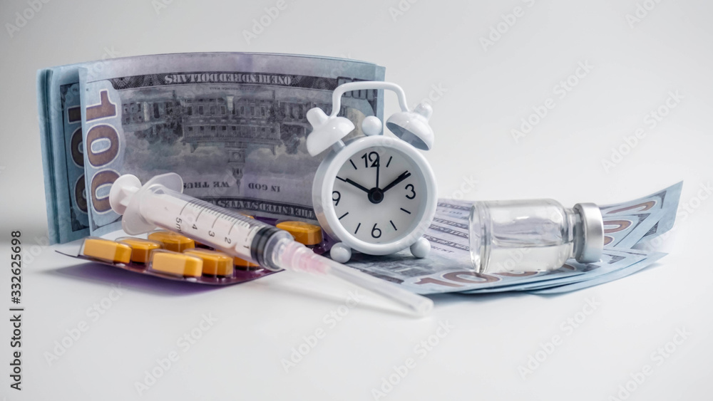 Healthcare costs and fees against time concept. Clock, medical tools ...