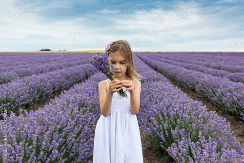 Portrait of a little girl in a fully bloomed lavender field, holding a bundle of lavender