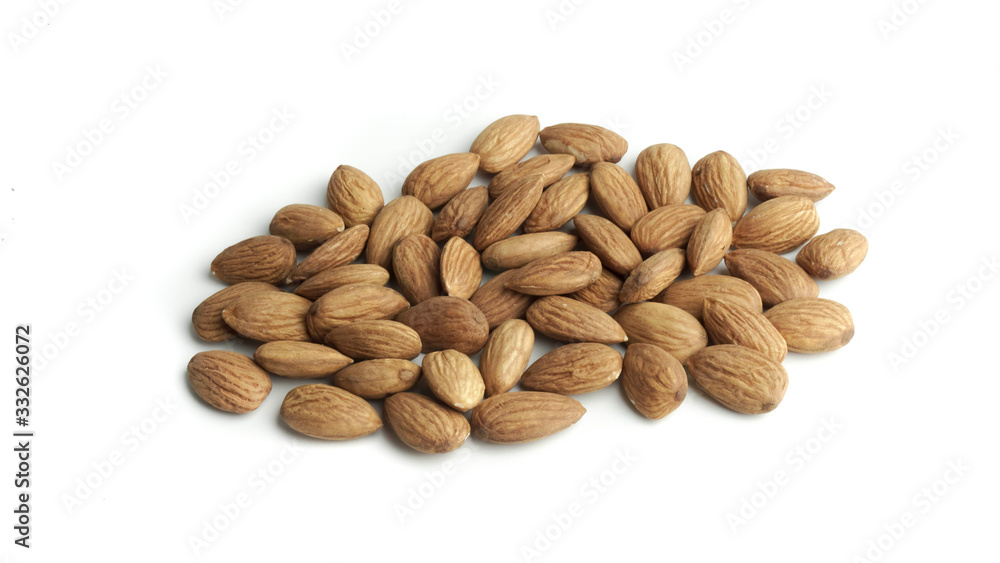 Obraz premium Pile of almond seed isolated on white background