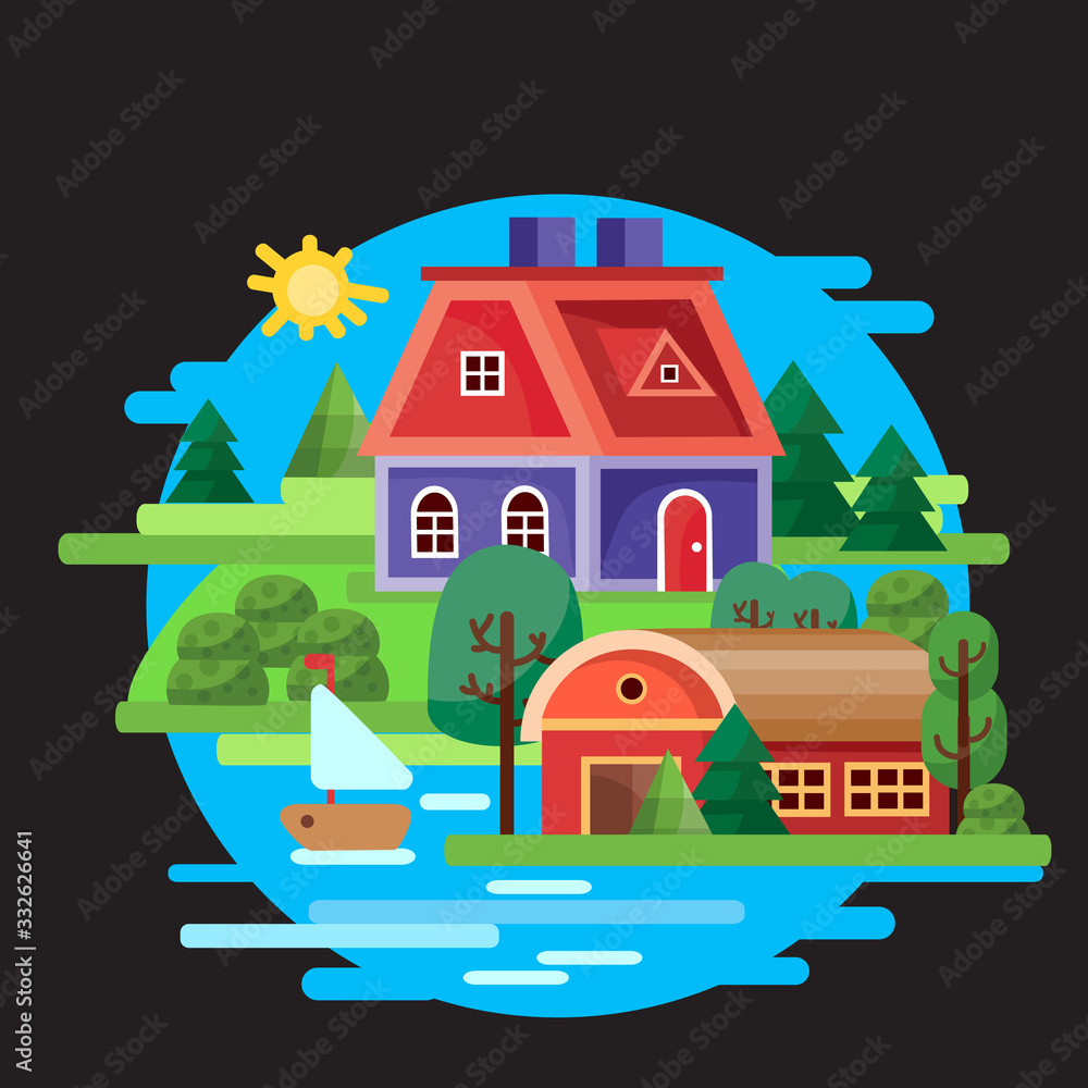 Two houses, large and small, stand among the trees on the shore of the bay, in which a sailboat floats against a blue sky, black background, for games, vector illustration,