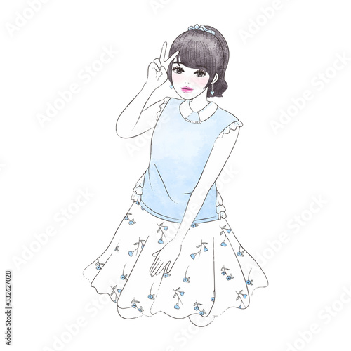 しゃがんでポーズをとる女性　全身　イラスト　ベクター