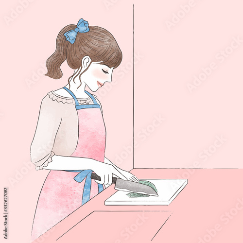 女性　台所　キッチン　エプロン　料理　イラスト