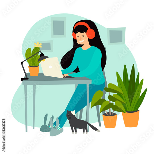 Freelancer woman with laptop working at home vector illustration. Freelancer character with cat, home plants. Home office concept. Seating girl with headphones and rabbits slippers. Isolated on white