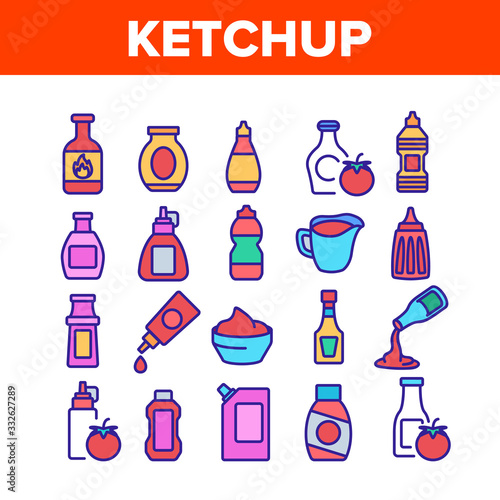 Ketchup Tomato Sauce Collection Icons Set Vector. Spicy And Classical Ketchup, Package And Bottle, Grocery Natural Food Container Concept Linear Pictograms. Color Illustrations