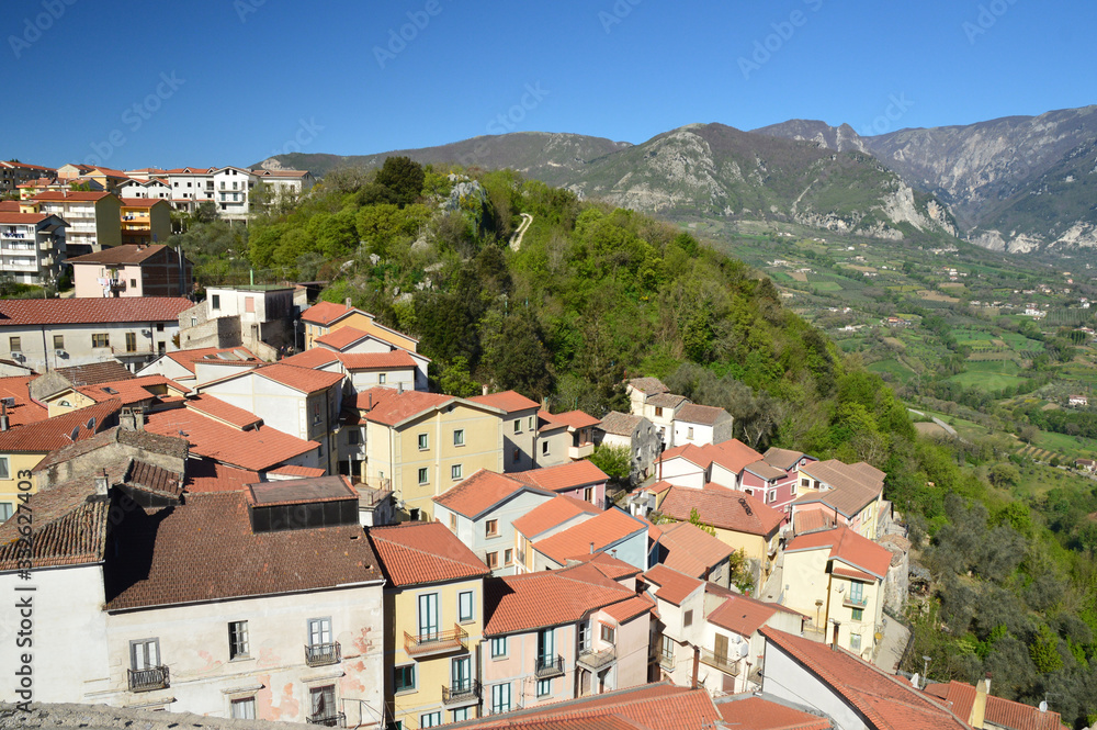 Oliveto Citra, Italy, 04/08/2017. View of the old houses of a mountain village