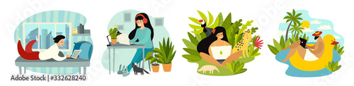 Stay home. Working at home. Freelancer people with laptop working vector illustration set. Digital nomad characters, home office and tropical workplace. Work on travel lifestyle concept
