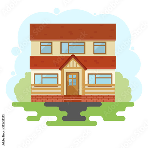 Fototapeta Naklejka Na Ścianę i Meble -  Stylish house against the sky and other elements of the environment. House in a flat style. Vector