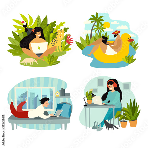 Freelancer people with laptop working vector illustration collection. From home office to tropics workplace. Digital nomad characters. Work on travel lifestyle concept. Isolated draw icon on white bac