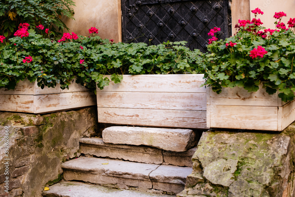 Stone stairs with wooden boxes with plants