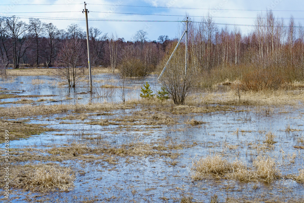 field flooded with water during the spring flood of rivers