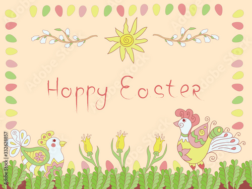 Happy easter postcard with eggs  birds and flowers  vector