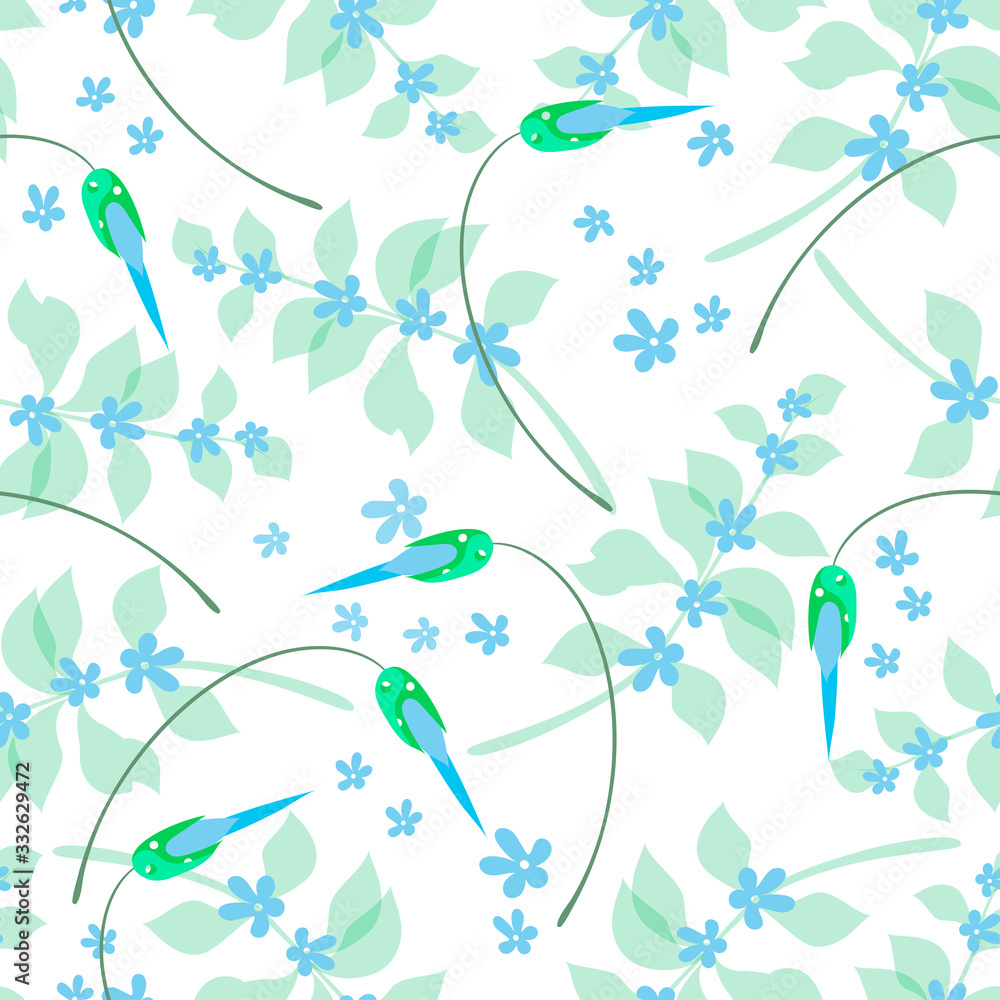 Seamless floral pattern for textile, leaves small flowers on a white background, elegant vector for fabric design in pastel colors.