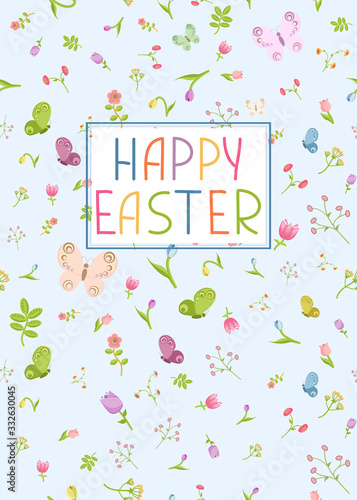 Happy Easter greeting card with abstract flowers, tulips, snowdrops, butterflies and bees. Vector simple flat style.