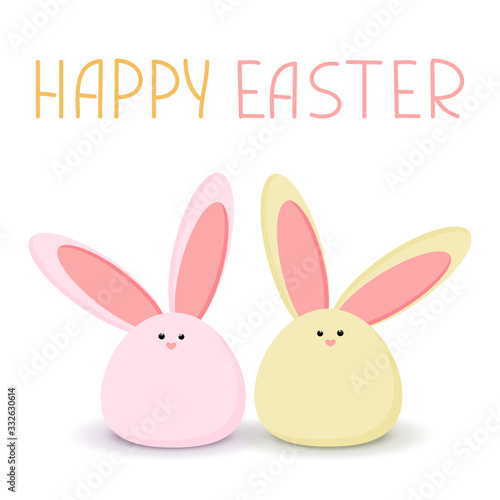 Colorful Happy Easter greeting card with Rabbit. Sweet pink and yellow easter bunnys sitting waiting for Easter.