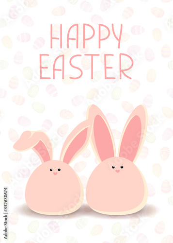 Colorful Happy Easter greeting card with Rabbit. Sweet pink easter bunnys sitting waiting for Easter.