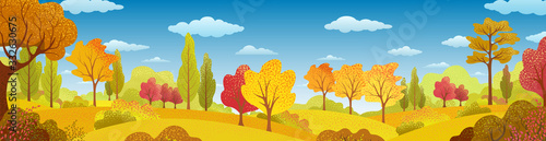 Background with autumn trees, bush, grass, sky, clouds. Landscape. Bright plants. Nature banner