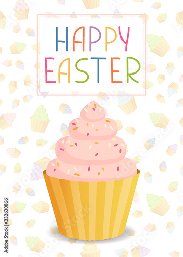 Happy Easter greeting card with easter Muffin. Cupcake with cream and colorful sprinkles. Vector illustration
