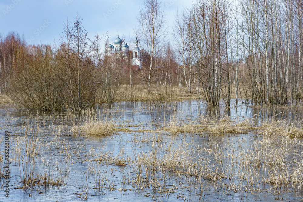 field flooded with water during the spring flood of rivers