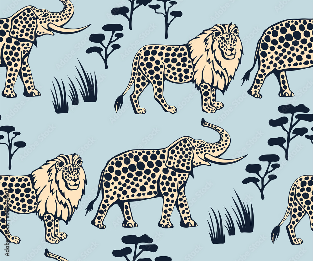 Obraz premium Vector background hand drawn exotic wild animals. Hand drawn ink illustration. Modern ornamental decorative background. Vector pattern. Print for textile, cloth, wallpaper, scrapbooking