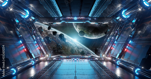 Fototapeta Naklejka Na Ścianę i Meble -  Blue and red futuristic spaceship interior with window view on planets 3d rendering