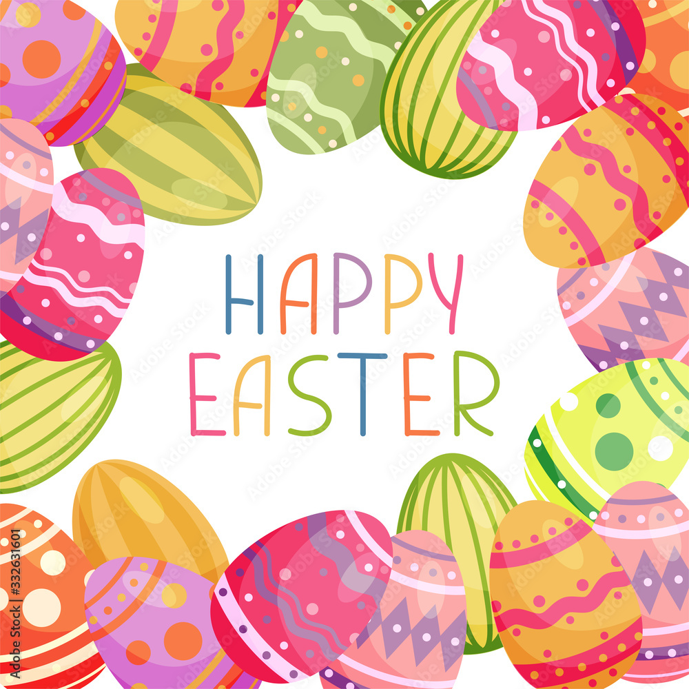 Naklejka premium Happy Easter greeting card with easter colorful eggs. Vector illustration in simple flat style. Stock illustration