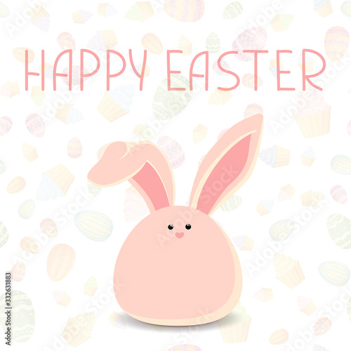 Colorful Happy Easter greeting card with Rabbit. Sweet pink easter bunny sitting waiting for Easter.