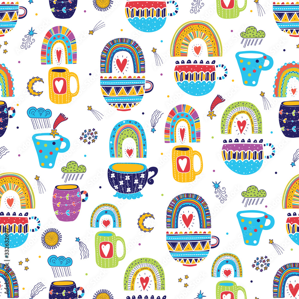 Cute seamless pattern with magic rainbows, stars, clouds and tea cups. Can be used in textile industry, paper, background, scrapbooking.