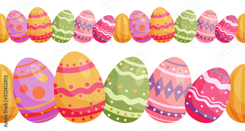 Vector seamless horisontal border with easter eggs. Happy Easter ornaments and decorative elements.