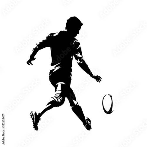 Rugby player kicking ball, rear view. Isolated vector silhouette. Ink drawing