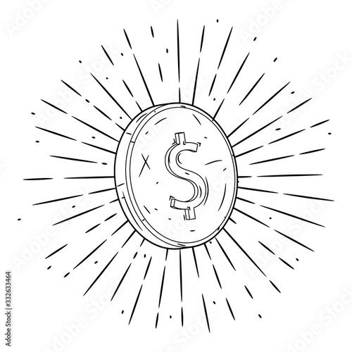 Coin. Hand drawn vector illustration with coin and divergent rays. Used for poster, banner, web, t-shirt print, bag print, badges, flyer, logo design and more.