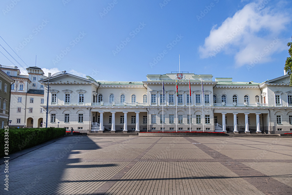 Presidential palace on Daukanto square (Simono Daukanto aikste) - official residence of President of Lithuania in Vilnius old town. Vilnius, Lithuania.