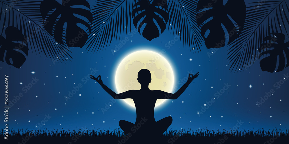 person in meditation pose at night background with full moon and palm tree leaves vector illustration EPS10