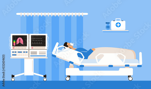 Reanimation equipment for unconscious patients. Intensive care unit clinic with air oxygen sensor for medical ventilation. Treatment of patient with coronavirusconcept vector.