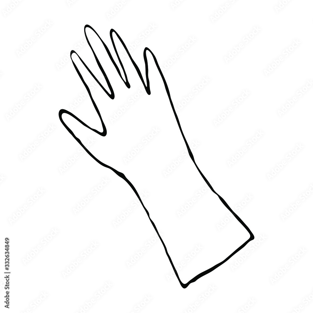 Rubber glove for working with seedlings, in the garden, for cleaning. Isolated element on a white background with black stroke .Vector illustration. Rubber glove for working with seedlings, in the garden, for cleaning. Isolated element on a white background with black stroke .Vector illustration.