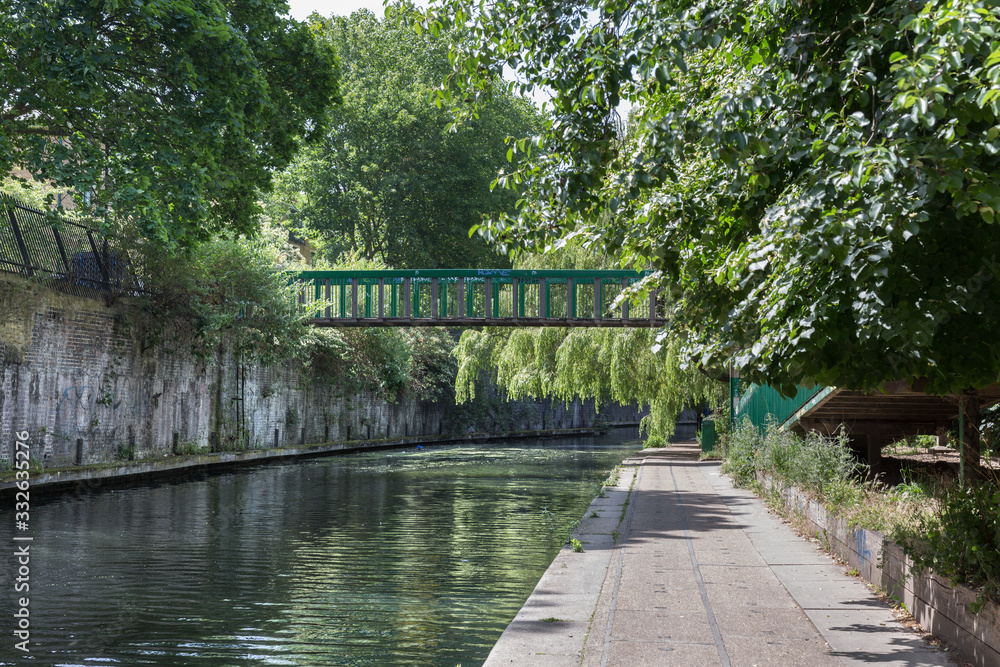 Canal, Bridge and Pedestrian Path along the River Bank of Regent’s Canal in London