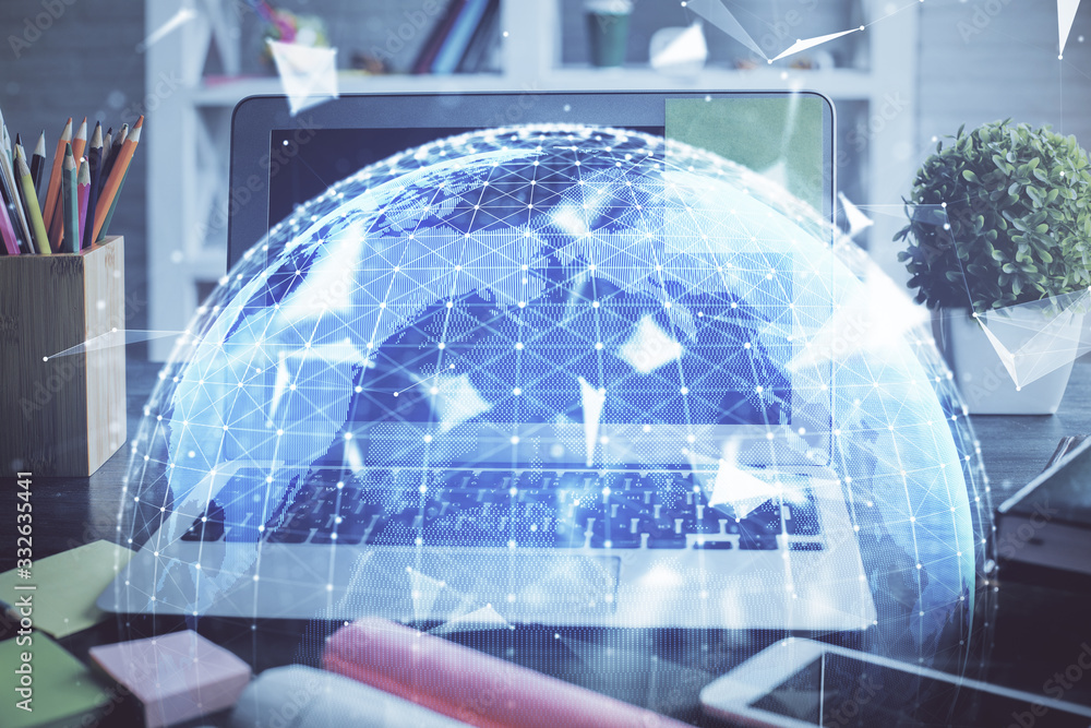 Double exposure of business theme icons and work space with computer background. Concept of success. Double exposure of business theme icons and work space with computer background. Concept of success.