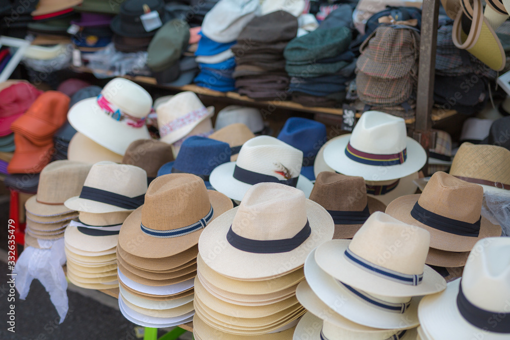 Group of Panama Hat Cream-Colored on a Display Stand