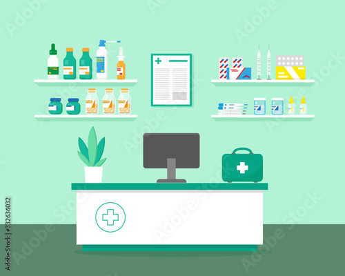 Pharmacy workplace interior. Vector illustration.