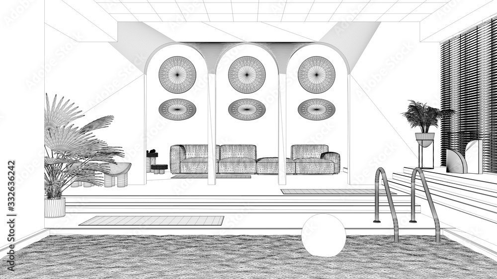 Blueprint project draft of contemporary living room with pool, sofa
