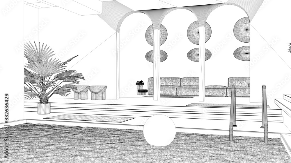 Blueprint project draft of contemporary living room with pool, sofa