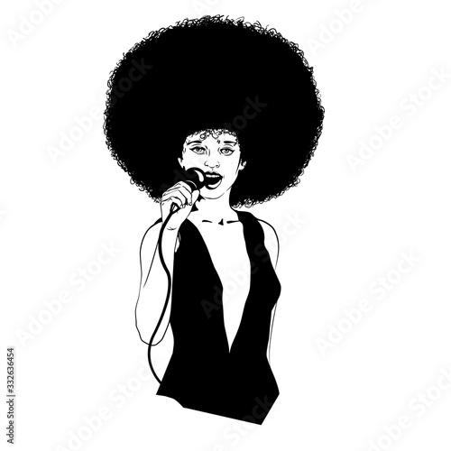 Afro hair style woman sings. Vector doodle