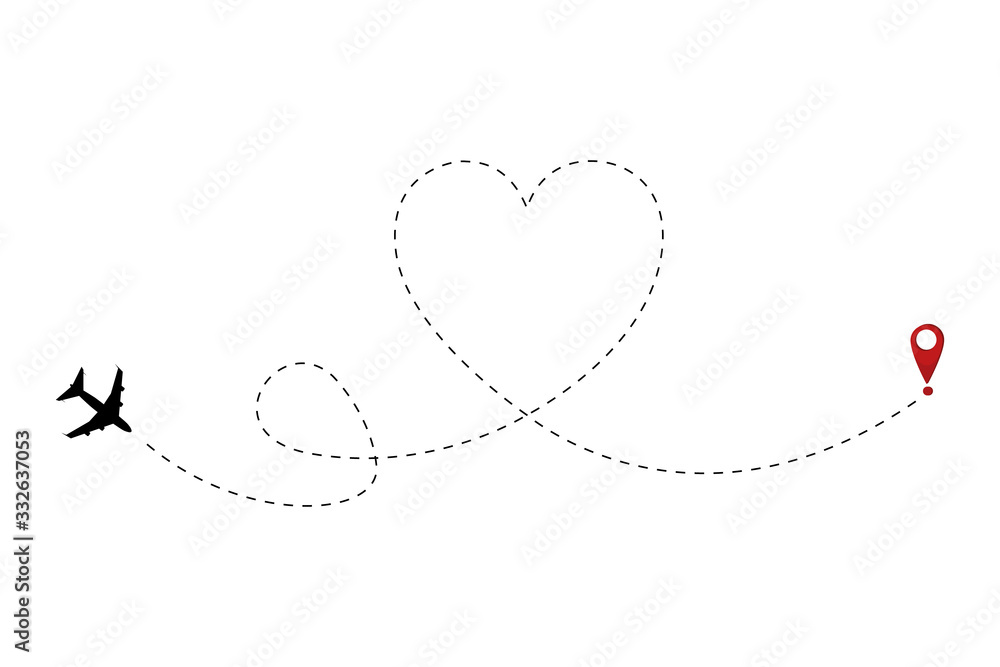 Airplane route in heart shape. Romantic travel concept. Flying plane and take-off point with the heart-shaped trail between them. Airplane route in heart shape. Romantic travel concept. Flying plane and take-off point with the heart-shaped trail between them.